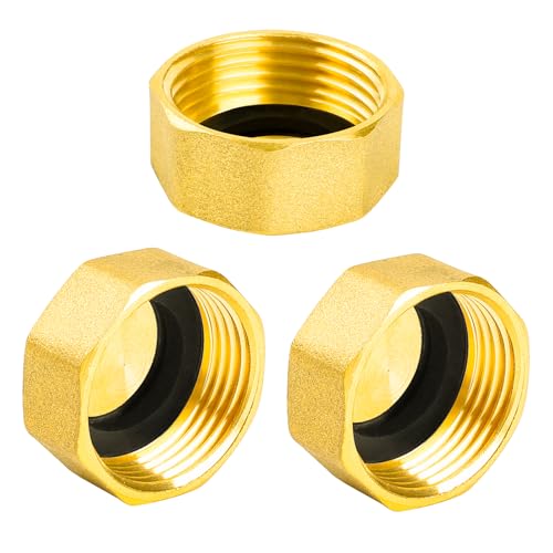 YEAUPE PRO Messing Blindstopfen, Innengewinde Dichtkappe G1"(Ø 30,5 mm), mit dichtungsringe und PTFE Dichtband, messing Kappe sechseckig, Schlauchkappe, Gartenwasserschlauch Gewindekappe 3 Stück von YEAUPE PRO