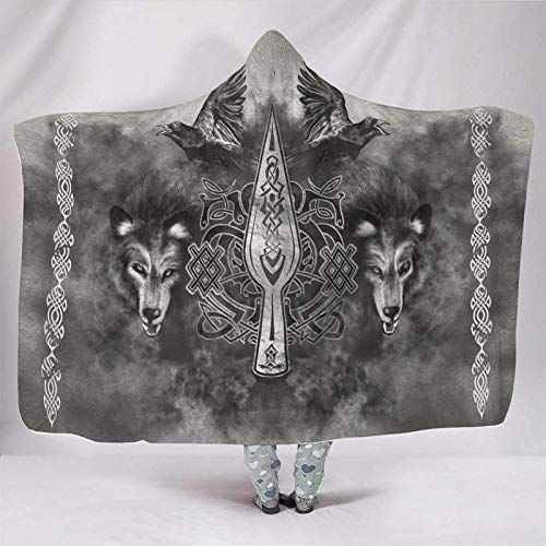 YEOL Kuschelig Mit Kapuze Decken Wikinger Krieger Gungnir Speer von Odin Rabe Zwei Wolf Keltisch Knoten Nordisch Mythologie Druck Fleece Gemütlich Hoodie Decken Reise Umhang Faulenzen 130x150cm von YEDL