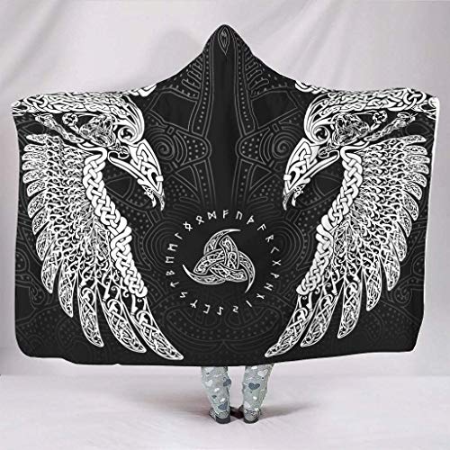 YEOL Super Weich Mit Kapuze Decken Keltisch Odins Raben Huginn und Muninn Wikinger Krähe Nordisch Mythologie Druck Warmer Winter Fleece Leicht Überwürfe mit Kapuze Lesen Couch Bettzeug 150x200cm von YEDL