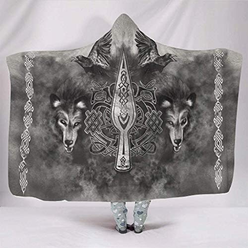 YEOL Weich Mit Kapuze Decken Wikinger Krieger Gungnir Speer von Odin Rabe Zwei Wolf Keltisch Knoten Nordisch Mythologie Druck Sherpa Psychedelisch Pashmina mit Kapuze Lesen 150x200cm von YEDL