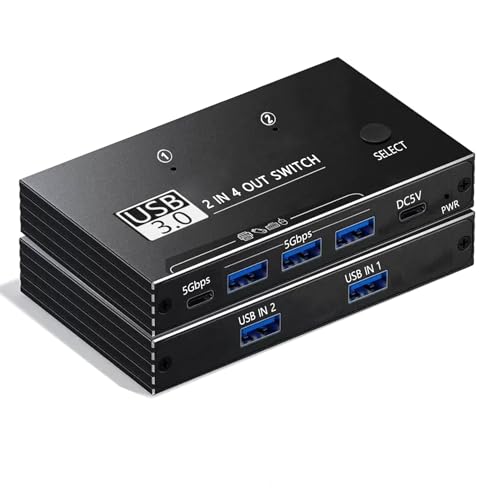 USB 3.0 Switch, USB Switcher 2 PC Share 4 USB3.0 Ports Maus Tastatur Drucker, Umschalter Adapter mit USB Kabel für Windows, Mac und Linux von YEELIYA