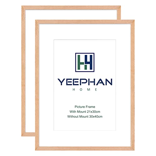 YEEPHAN 30x40 cm Bilderrahmen aus massivem Eichenholz mit kunststoffglas front Display a4 (21x30cm) Bild mit Passepartout oder 30x40 Foto ohne Passepartout für die Wandmontage, 2er Set von YEEPHAN