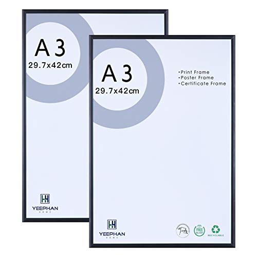 YEEPHAN A3 Aluminium-Fotorahmen mit Plastic glass front, Wandhalterung für Bild oder Zertifikat 29,7 x 42 cm schwarzer Bilderrahmen, 2er-Pack von YEEPHAN