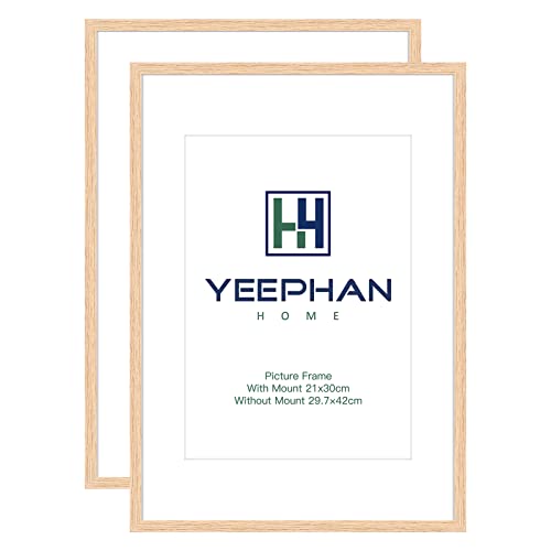 YEEPHAN A3 EICHE Fotorahmen Naturholz 42x29.7cm Bilderrahmen 2er Set mit Passepartout für A4(21x30cm) Bilderrahmen Urkundenrahmen oder Posterrahmen mit kunststoffglas front für die Wandmontage von YEEPHAN