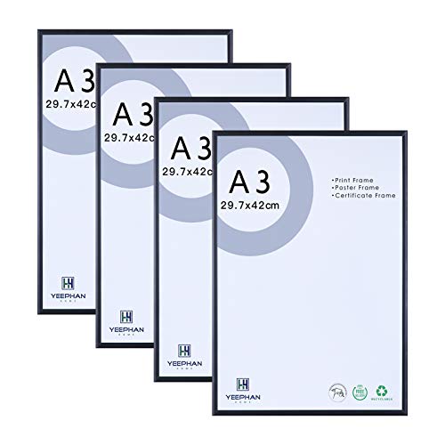 YEEPHAN A3 Fotorahmen Metall Aluminium 4er-Set mit Perspex-Vorderseite für Wandhalterung, 29,7 x 42 cm schwarzer Bilderrahmen für Zertifikat-Poster-Wanddekoration von YEEPHAN