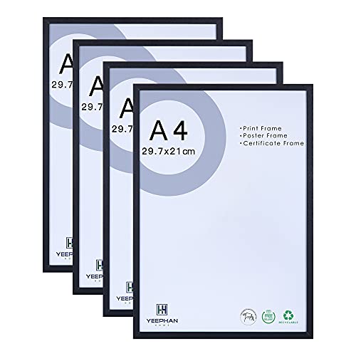 YEEPHAN A4 Picture Photo Frame, 21x30cm Zertifikatsrahmen aus Massivholz mit kunststoffglas front für Wandbehang und Tischdisplay, schwarz, 4er Pack von YEEPHAN