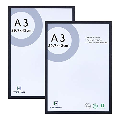 YEEPHAN Bilderrahmen A3 (29,7 x 42 cm) schwarz Massivholz mit Plexiglas Front für Fotos, Gemälde, Poster, Urkunden, für Wandinstallation und Heimdekoration, 2er-Set von YEEPHAN