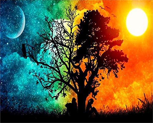 YEESAM ART DIY Ölgemälde Malen nach Zahlen Erwachsene Kinder, Baum des Lebens Sonnenuntergang und Sternenhimmel 16x20 Zoll Zahlenmalerei ab 5 Öl Wandkunst (Baum, mit Rahmen) von YEESAM ART