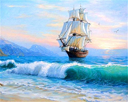 YEESAM ART DIY Ölgemälde Malen nach Zahlen Erwachsene Kinder, Blau Meer Sonnenuntergang Segelboot Schiff Zahlenmalerei ab 5 Öl Wandkunst (Blau, ohne Rahmen) von YEESAM ART