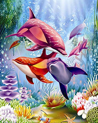 YEESAM ART DIY Ölgemälde Malen nach Zahlen Erwachsene Kinder, Delphin Seestern Fisch Zahlenmalerei ab 5 Öl Wandkunst (Delphin, ohne Rahmen) von YEESAM ART
