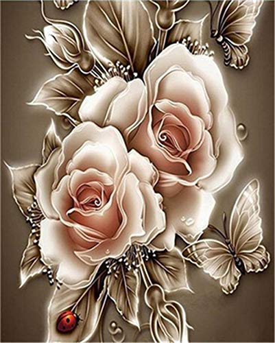 YEESAM ART DIY Ölgemälde Malen nach Zahlen Erwachsene Kinder, Golden Rose Blumen Schmetterling Marienkäfer Zahlenmalerei ab 5 Öl Wandkunst (Rose, mit Rahmen) von YEESAM ART