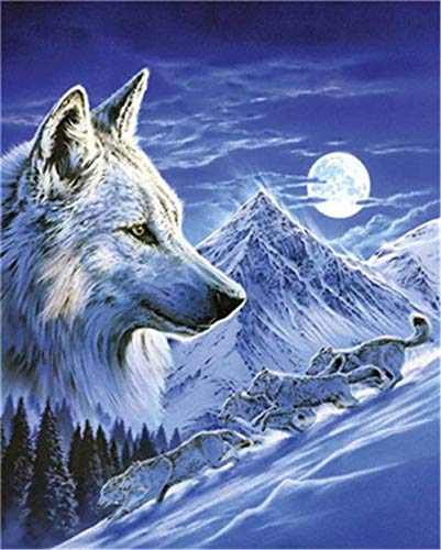YEESAM ART DIY Ölgemälde Malen nach Zahlen Erwachsene Kinder, Schnee Wölfe Schnee Berg Mondnacht Zahlenmalerei ab 5 Öl Wandkunst von YEESAM ART
