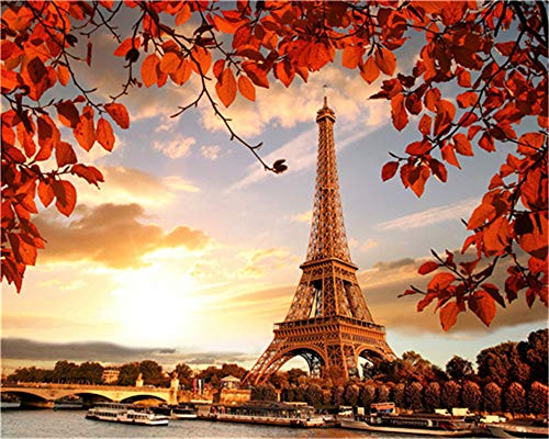YEESAM ART DIY Ölgemälde Malen nach Zahlen Erwachsene Kinder, Sonnenuntergang Paris Eiffelturm Landschaft Zahlenmalerei ab 5 Öl Wandkunst (Eiffelturm, ohne Rahmen) von YEESAM ART