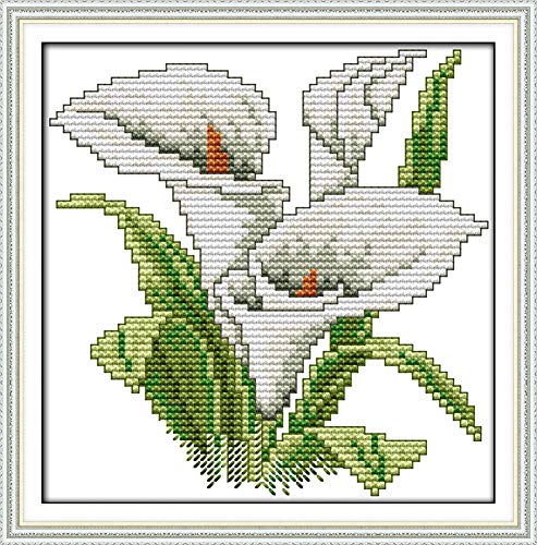 YEESAM ART Kreuzstich Stickerei Set für Erwachsene Anfänger Kinder, Calla Lily Weiß Blumen 11CT 21×21 cm Vorgedruckten DIY Stickerei Handarbeit Kits (Weiße) von YEESAM ART