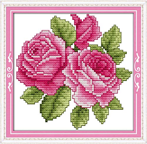 YEESAM ART Kreuzstich Stickerei Set für Erwachsene Anfänger Kinder, Rosa Rose Blumen 11CT 21×21 cm Vorgedruckten DIY Stickerei Handarbeit Kits (Rose) von YEESAM ART