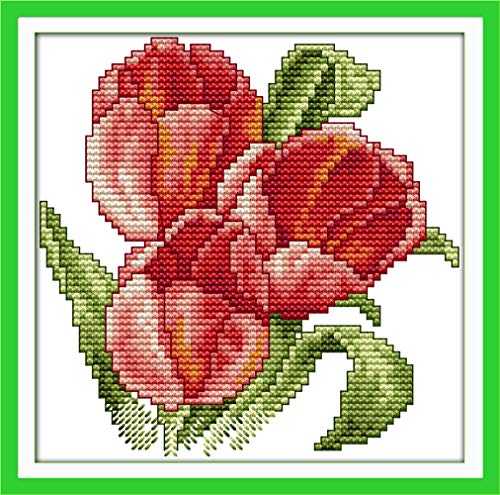 YEESAM ART Kreuzstich Stickerei Set für Erwachsene Anfänger Kinder, Rot Tulpe Blumen 11CT 21×21 cm Vorgedruckten DIY Stickerei Handarbeit Kits (Tulpe) von YEESAM ART