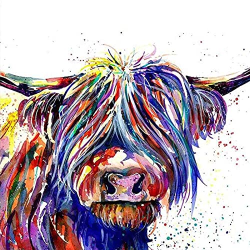 YEESAM ART Kunstbedarf Bunt Kuh Hochland Vieh, Malen nach Zahlen Erwachsene 16x20 Zoll DIY Ölgemälde Zahlenmalerei Öl Wandkunst (Kuh, mit Rahmen) von YEESAM ART