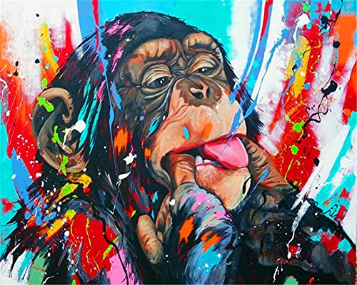 YEESAM ART Kunstbedarf Naughty Monkey Orang-Utan Farbe, Malen nach Zahlen Erwachsene 16x20 Zoll DIY Ölgemälde Zahlenmalerei Öl Wandkunst (Monkey, ohne Rahmen) von YEESAM ART