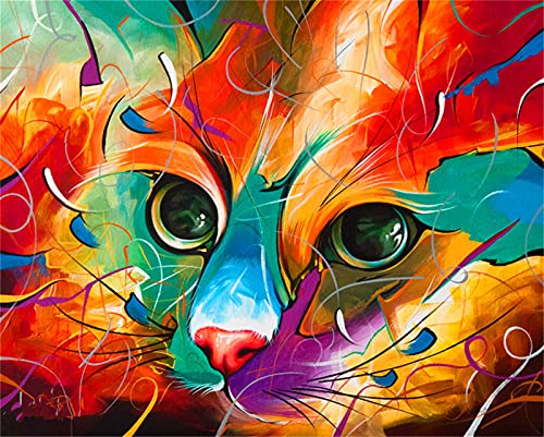 YEESAM ART Malen nach Zahlen Erwachsene Katze Gesicht Bunt Abstrakt,16x20 Zoll DIY Ölgemälde Zahlenmalerei Öl Wandkunst (Katze, mit Rahmen) von YEESAM ART