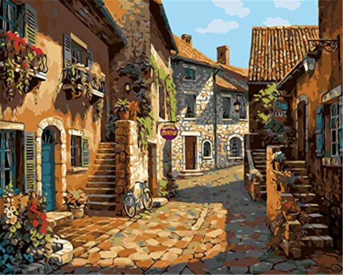 YEESAM ART Malen nach Zahlen für Erwachsene Anfänger Sonnenschein in der Gasse 40x50cm Leinen Leinwand Acryl DIY Zahlenmalsets Wandkunst Dekoration (mit Rahmen) von YEESAM ART