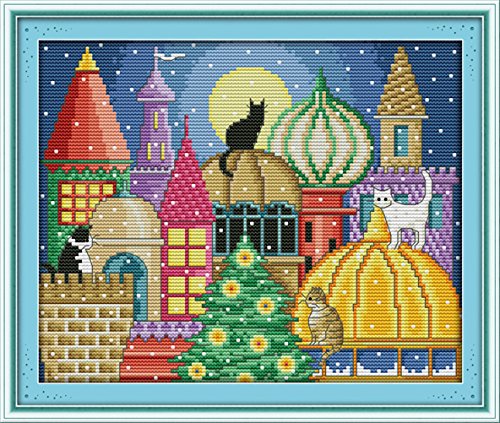 YEESAM ART Neu Kreuzstich Stickpackung - Katze Stadt Schloss 14 CT 30×25 cm DIY Stickerei Set Weiß Segeltuch - Kreuz Nähen Handarbeit Weihnachten Geschenke Cross Stitch Kit von YEESAM ART