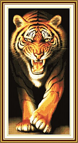 YEESAM ART Neu Kreuzstich Stickpackung - König der Tiere Tiger 14 CT 45×84 cm DIY Stickerei Set Weiß Segeltuch - Kreuz Nähen Handarbeit Weihnachten Geschenke Cross Stitch Kit von YEESAM ART