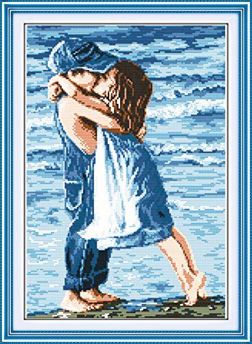 YEESAM ART Neu Kreuzstich Stickpackung - Strand-Paare 14 CT 31×43 cm DIY Stickerei Set Weiß Segeltuch - Kreuz Nähen Handarbeit Weihnachten Geschenke Cross Stitch Kit von YEESAM ART