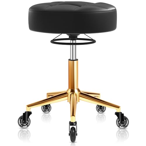 Goldener Rollhocker, bequem, um 360 ° höhenverstellbar, superweiches, dickes Sitzkissen, sanftes geräuschloses Rollen, langlebiger Rollhocker mit Rädern für Salon, Waschtisch, Massage, medizinisch von YEEZEE