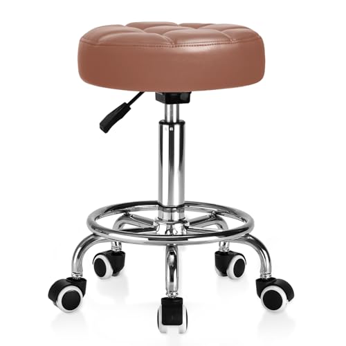 Rollhocker PU Leder Rund Gepolstert, Arbeitshocker Höhenverstellbar Rollen mit Fußstütze , 360° - Drehung Drehocker ，Tragfähigkeit 150kg für Spa Zeichnung Salon Arbeit Büro Tattoo Hocker. (Braun1) von YEEZEE