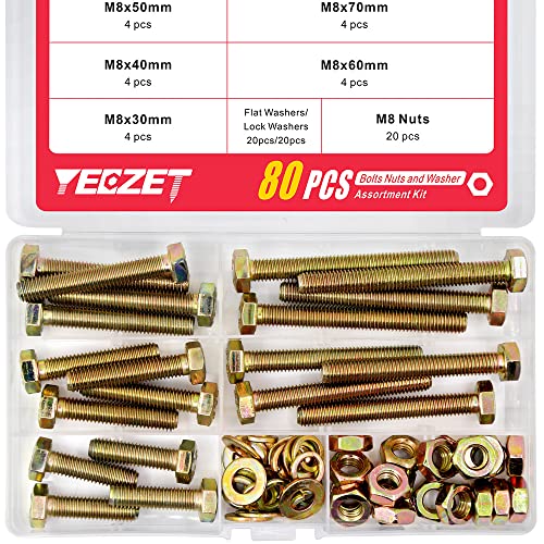 YEEZET Schrauben M8 80 Stück verzinkt 8.8 Sechskantschrauben,Unterlegscheiben, Federringe und Muttern Sortiment Kit 30mm 40mm 50mm 60mm 70mm von YEEZET