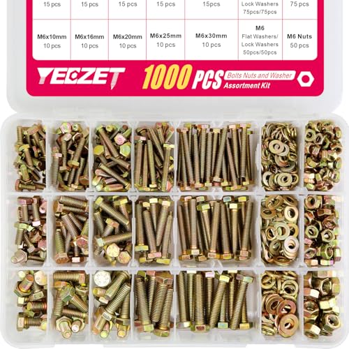 YEEZET 1000 PCS Schrauben und Muttern M4 M5 M6 Verzinkt 8.8 Sechskantschrauben, Unterlegscheiben, Federringe und Muttern Sortiment Kit, 15 Gebräuchlichste Größen, 10-40mm von YEEZET