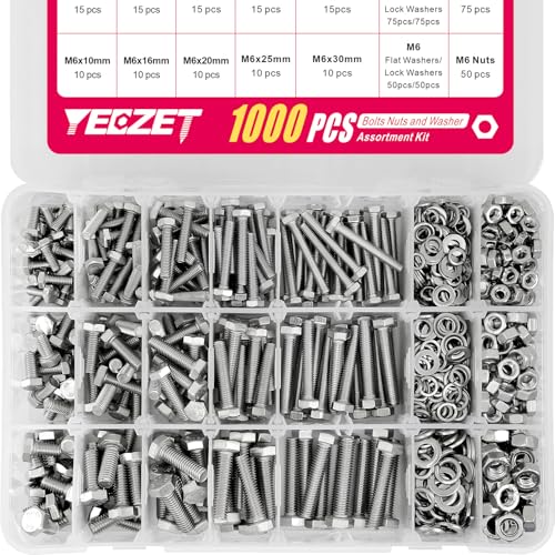 YEEZET 1000pcs M4 M5 M6 Schrauben und Muttern Unterlegscheiben Sortiment Kit, 304 Edelstahl metrische Sechskantschrauben Sortiment, 15 Gebräuchlichste Größen, 10-40mm von YEEZET