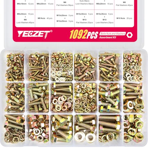 YEEZET 1092pcs M4 M5 M6 M8 M10 Schrauben und Muttern Kit, Klasse 8,8 Heavy Duty Sechskantschrauben Sortiment Set, 21 Gebräuchlichste Größen, Gelbe Verzinkung von YEEZET