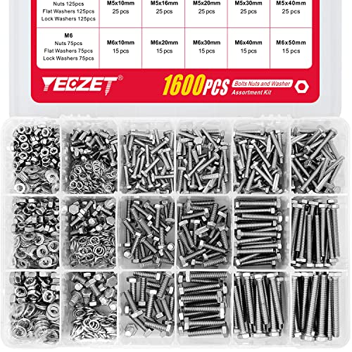 YEEZET 1600 Stück M4 M5 M6 Schrauben und Muttern aus 304 Edelstahl Sechskantschrauben Unterlegscheiben Federringe & Muttern Sortiment Kit von YEEZET