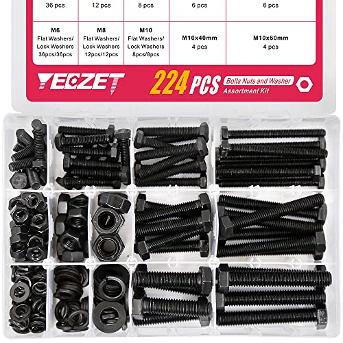 YEEZET 224 Pcs M6 M8 M10 Schrauben Sechskantschrauben Unterlegscheiben Federringe und Muttern Sortiment Kit (8.8 Kohlenstoffstahl) von YEEZET