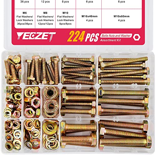 YEEZET 224 Stück Schrauben M6 M8 M10 verzinkt 8.8 Sechskantschrauben,Unterlegscheiben, Federringe und Muttern Sortiment Kit von YEEZET
