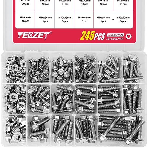 YEEZET 245 Stück M6 M8 M10 Flanschschrauben und Flanschmuttern aus 304 Edelstahl Sechskantschrauben & Muttern Sortiment kit von YEEZET