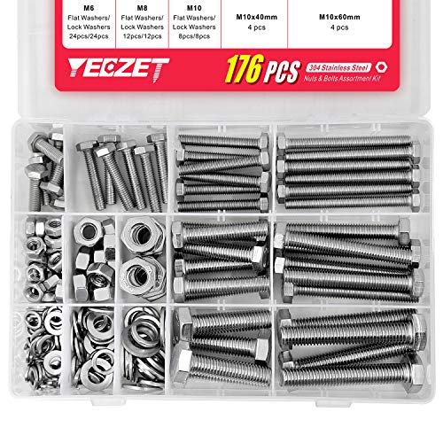 YEEZET 176 pcs M6 M8 M10 Schrauben und Muttern Sortiment aus 304 Edelstahl Sechskantschrauben Unterlegscheiben Federringe & Muttern Sortiment Kit von YEEZET