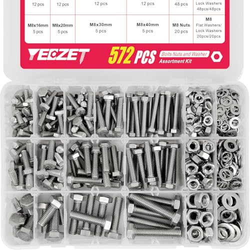 YEEZET 572pcs M5 M6 M8 Schrauben und Muttern Kit, 304 Edelstahl Metric Heavy Duty Sechskantschrauben Sortiment Set, 13 Größen, Länge Von 10-40mm von YEEZET