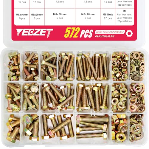YEEZET 572pcs Schrauben und Muttern Kit, M5 M6 M8 Sechskantschrauben Muttern Unterlegscheibe Set, 13 Größen, Gelbe Verzinkung, Klasse 8,8 von YEEZET