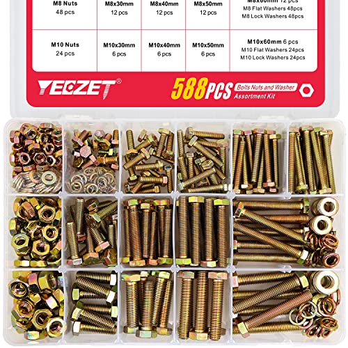 YEEZET 588 Stück Schrauben Muttern M6 M8 M10 verzinkt 8.8 Sechskantschrauben Unterlegscheiben Federringe und Muttern Sortiment Kit von YEEZET