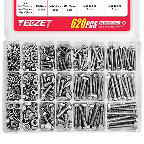 Yeezet M4 M5 M6 Schrauben und Muttern Sortiment aus 304 Edelstahl, 620 Stück Sechskantschrauben Unterlegscheiben Federringe & Muttern Kit von YEEZET