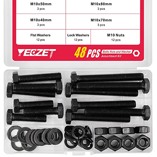 YEEZET Schrauben M10 48 Pcs Sechskantschrauben Unterlegscheiben Federringe und Muttern Sortiment Kit (8.8 Kohlenstoffstahl) von YEEZET