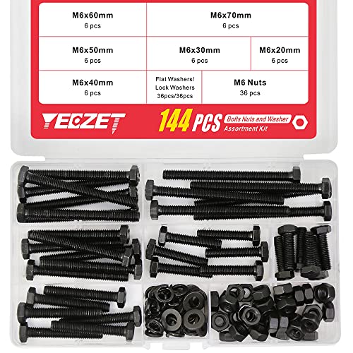 YEEZET Schrauben M6 144 Pcs Sechskantschrauben Unterlegscheiben Federringe und Muttern Sortiment Kit (8.8 Kohlenstoffstahl) von YEEZET