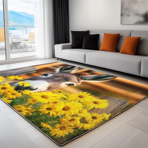 YEGRFJIS 3D Druck Teppich Wohnzimmer rutschfest Kurzflor Kunstwolle Schlafzimmer Teppich Waschbar Tier Esel Gänseblümchen Bettvorleger Teppiche für Esszimmer, Küchen, Korridor(190x250cm/Multicolor) von YEGRFJIS