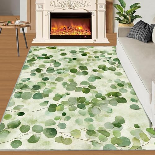 YEGRFJIS Aquarell-Eukalyptus-Blätter-Teppich, Nicht-Schlupfbarer Waschbarer Teppich Verblassen-Resistent, Weicher Kurzer Stapel – Für Schlafzimmer, Kinderzimmer, Küche (Grün)(80x120cm/Multicolor) von YEGRFJIS