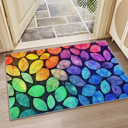 YEGRFJIS Blätter Regenbogen Farbverlauf Bunt Boho Teppich Wohnzimmer, 240x300cm Modern Abstrakt Kurzflor rutschfest Pflegeleicht Teppiche Für Jugendzimmer Schlafzimmer, Grün Blau Violett von YEGRFJIS