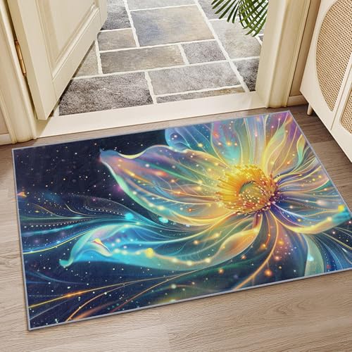 YEGRFJIS Blumen-Teppich für Wohnzimmer, Abstract Floral, Rutschfester Waschbarer Groß-Kurzflor-Teppich mit Fantasy-Kunst – Für Schlafzimmer & Kinderzimmer (Blau Gelb)(60x90cm/Multicolor) von YEGRFJIS