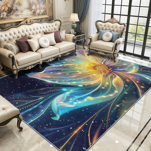 YEGRFJIS Blumen Waschbar Teppich, Abstract Floral Teppich Wohnzimmer, Fantasy Kunst Kurzflor rutschfest Pflegeleicht Teppiche Für Jugendzimmer Schlafzimmer, Blau Gelb(60x30cm/Multicolor) von YEGRFJIS