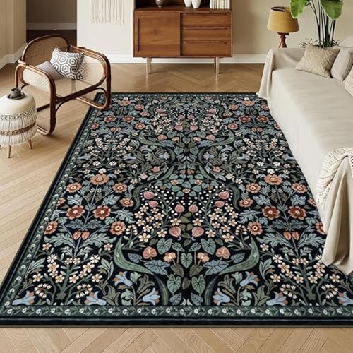YEGRFJIS Boho Blumen Teppich, 40x100cm Vintage Waschbarer Kurzflor-Teppich mit Rutschfester Unterseite, Weich für Wohnzimmer, Schlafzimmer, Esszimmer, Eingangsbereich Innen - Schwarz von YEGRFJIS